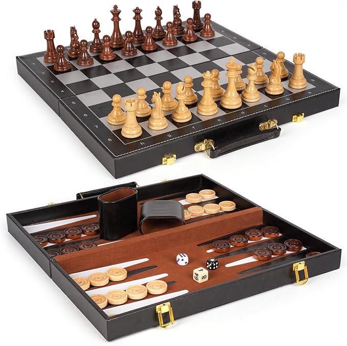 3 in 1 Magnetic Chess Set & Checkers Backgammon Board Game Set, 15" Wooden Folding Chess Board, Tournament Portable Travel Chess Set, Beginner Chess Board Game for Adults & Kids