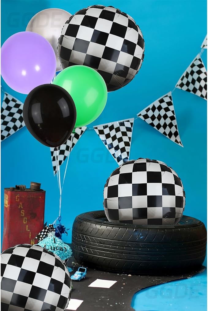 Monster Truck Balloon Bundle 20 Pcs Checkered Balloons Latex Balloon Green Purple Black Boy 1st 2nd Race Ca Vintage Fast One Two Fast Theme Monster Birthday Party Decor Supplies Kit