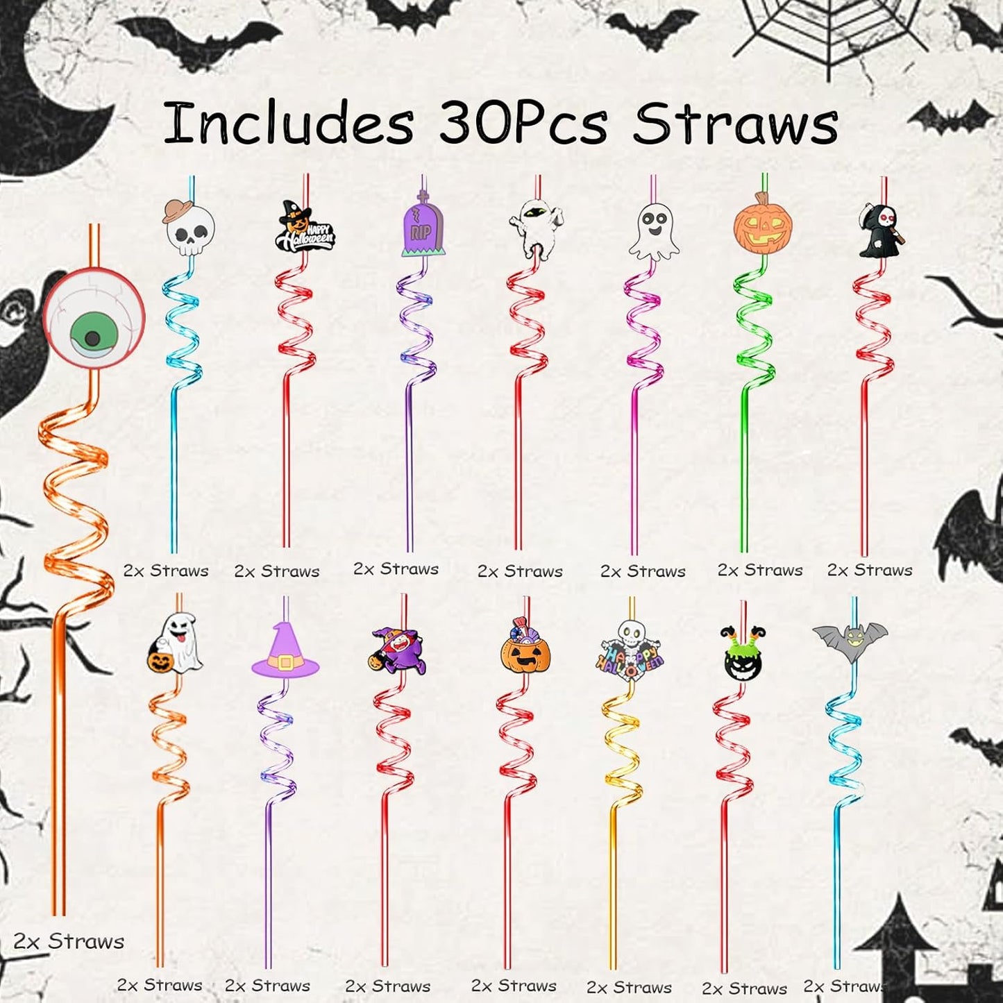 30Pcs Halloween Drinking Straws Reusable Party Favors Pumpkin Skull Ghost Witch Theme Drinking Straws with Cartoon Decoration for Kids Halloween Party Supplies, 15 Styles