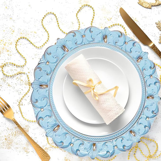 6 Pack Blue Charger Plates 13" Round Charger Plates for Dinning Plates with Embossed Rim Plastic Charger for Dinner, Wedding, Elegant Tableware Decor