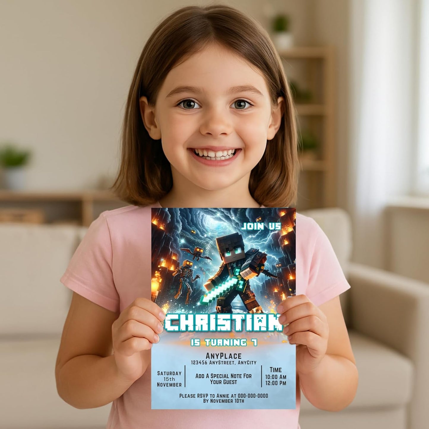 Fully Customizable minecraft Birthday Party Invitations, 4 x 6 inches, with Self-Sealing Envelopes, Gaming Theme Design, minecraft Birthday Invitations for Boys and Girls (Minecraft/Fire)