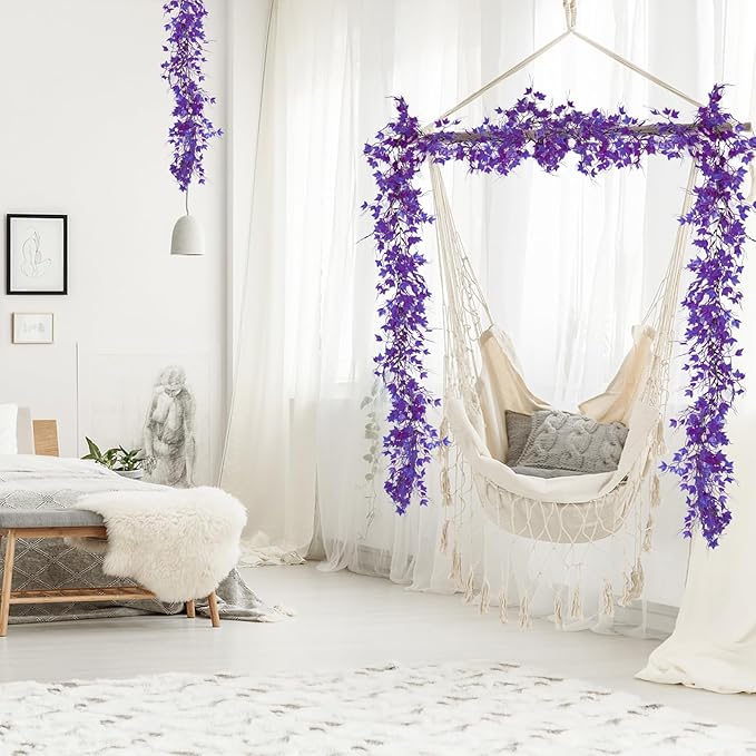 Artificial Ivy Wall Leaves Greenery Garland Enchanted Forest Decorations House Decor Fake Ivy Leaves Fake Vines for Bedroom Home Garden Trellis Fence Balcony Wedding Dorm Decor(Pure Purple)
