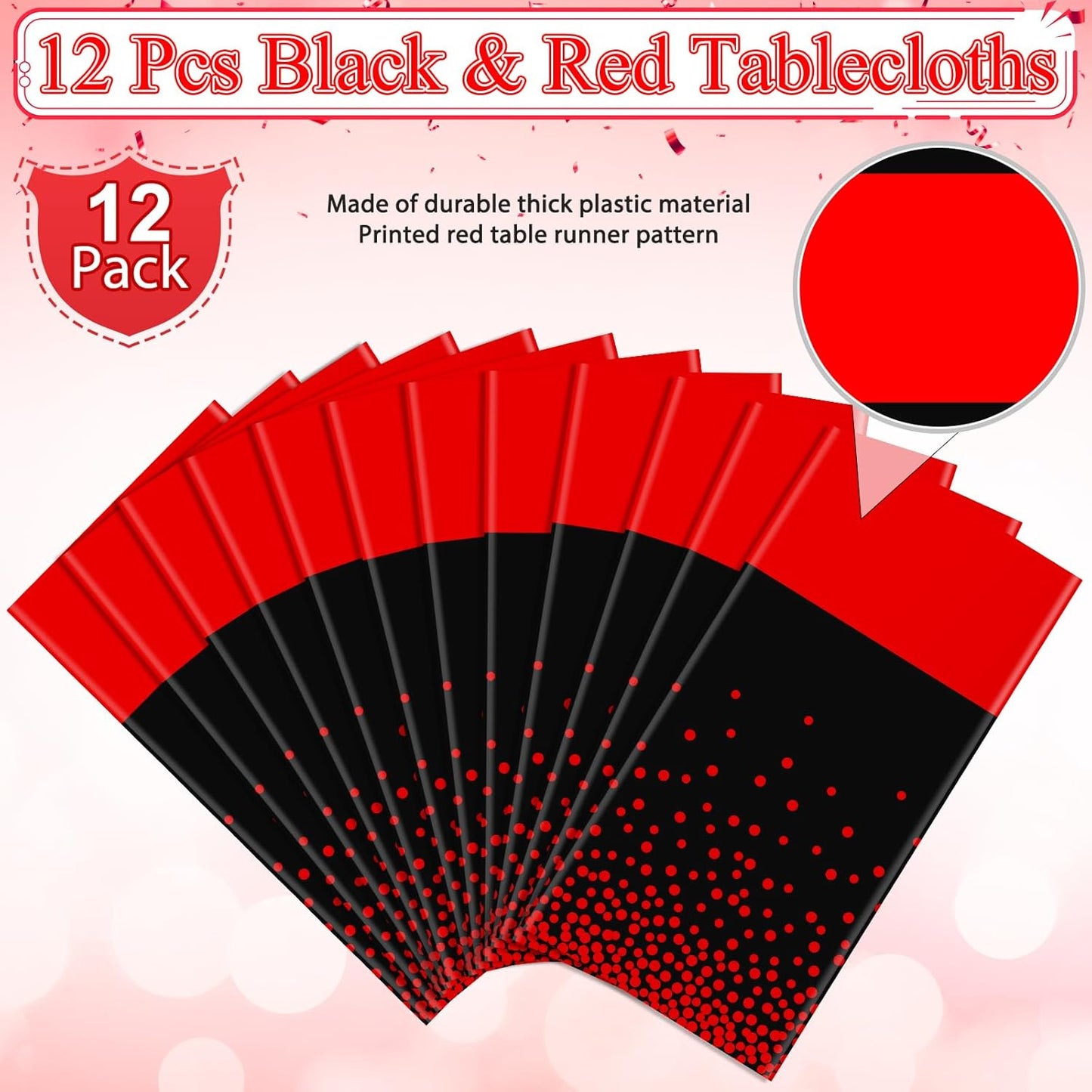 MASHAN 12Pcs Black and Red Tablecloth Party Decorations,Plastic Black Table Cloth Printed Red Table Runner Disposable Rectangle Cover for Birthday Weeding Anniversary Graduation Party,54 x108 Inch