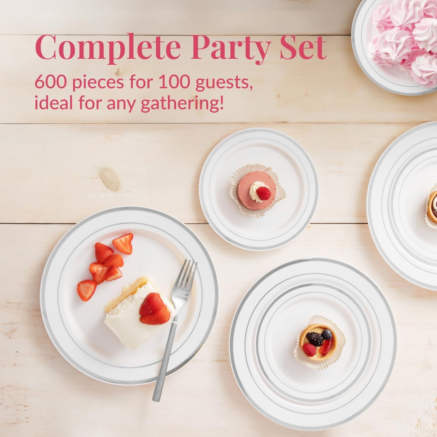Prestee 600 Piece Dinnerware Set for 100 Guests - Elegant Disposable Silverware and Party Plates for Events - Includes Cutlery Set with 100 Dinner Plates, Salad Plate, Cups, Knives, Forks, and Spoons