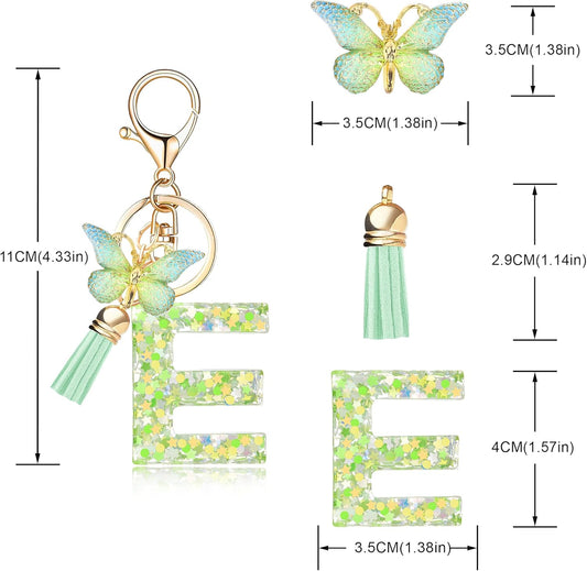 Fashion Alphabet Initial Letter Keychain Tassel Butterfly Pendant Key Ring for Purse Handbags Women Girl