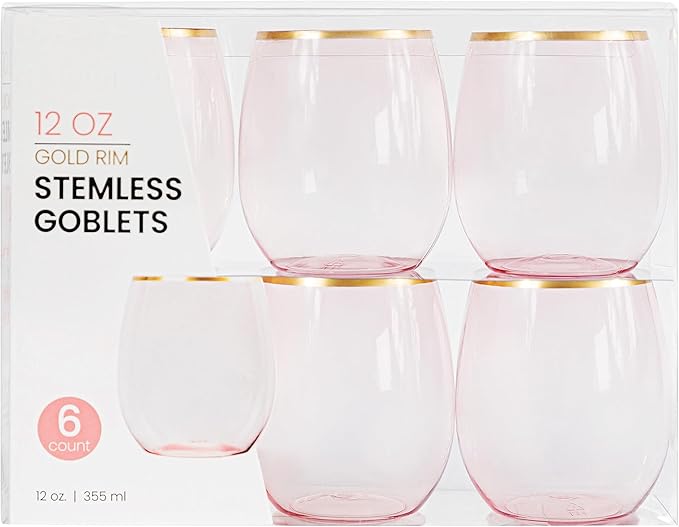 PLASTICPRO 12 Pack Pink With Gold Rim Plastic Wine Glasses Stemless Disposable 12 oz BPA Free Shatterproof Plastic Wine Cups Wine Glasses for Parties