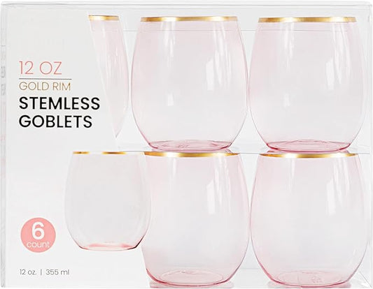 PLASTICPRO 12 Pack Pink With Gold Rim Plastic Wine Glasses Stemless Disposable 12 oz BPA Free Shatterproof Plastic Wine Cups Wine Glasses for Parties