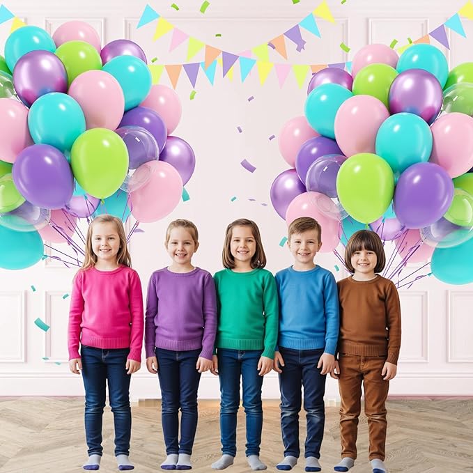 60pcs Blue and Green Balloons 12inch with Metallic Purple Lime Green Teal Light Pink Clear Balloons for Baby Shower Birthday Party Decorations