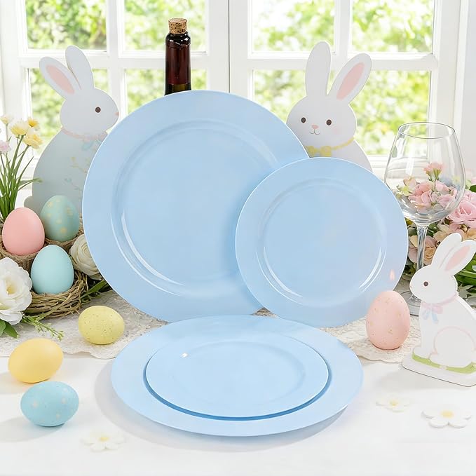 FLOWERCAT 60PCS Light Blue Heavy Duty Plastic Disposable Party Plates Set – 30pcs 10.25″ Dinner & 30pcs 7.5″ Dessert Plates – Durable Blue Tableware for Easter Parties, Wedding, BBQ & Baby Shower