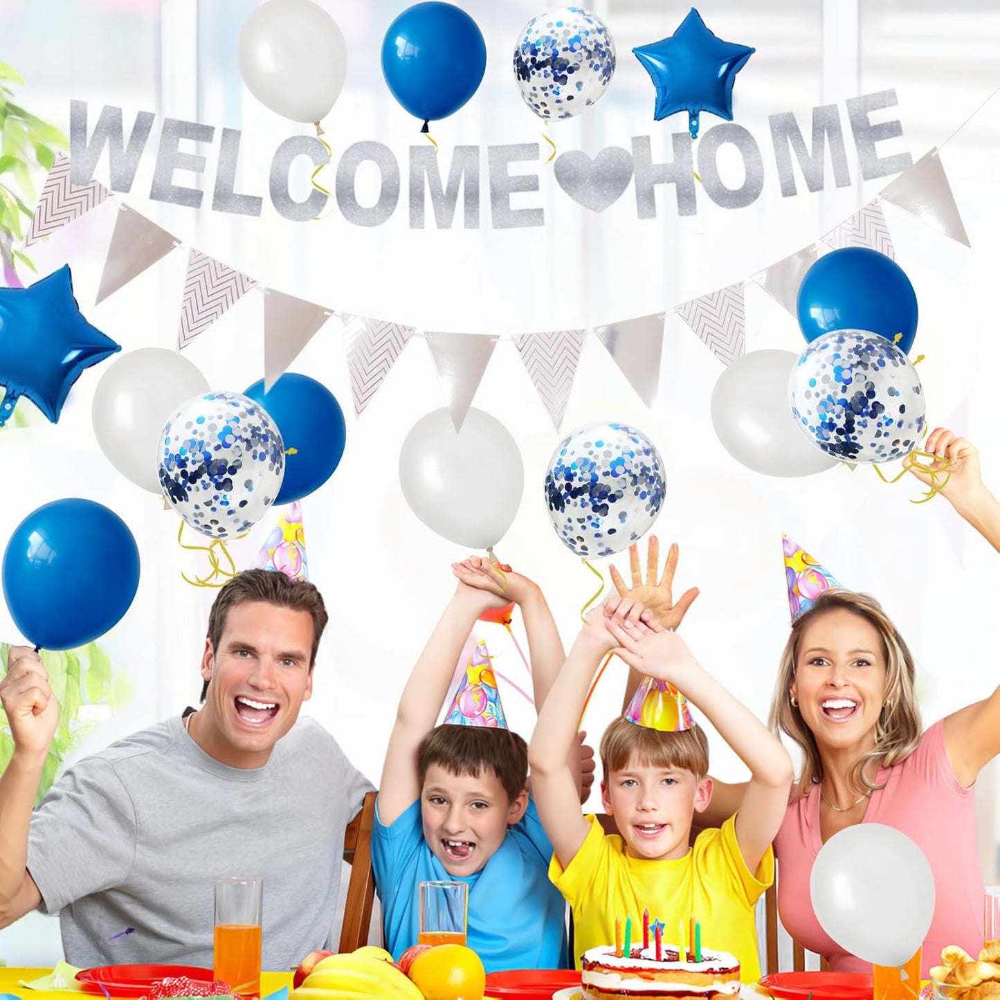 Welcome Home Decorations,Blue Silver Welcome Home Balloons Banners Set,Welcome Home Glitter Banner with Confetti Balloons,Pennant Flag Bunting for Home Family Baby Shower Party Supplies
