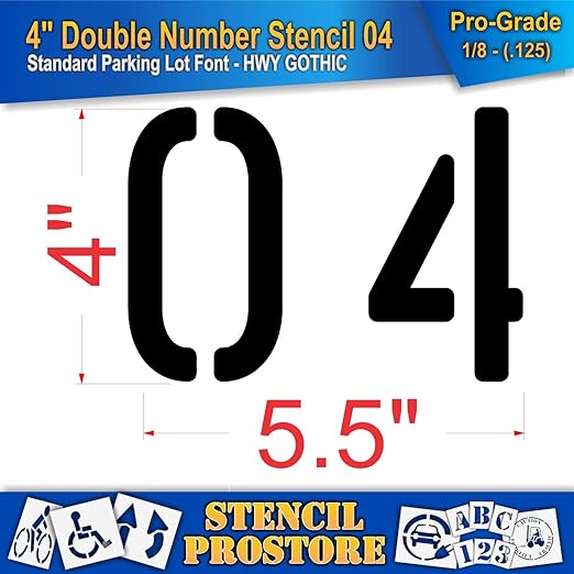 Pavement, Curb, and WheelStop Stencils - 4 inch Double Number Stencil - (04) - 4" x 5.5" x 1/8" (128 mil) - Pro-Grade