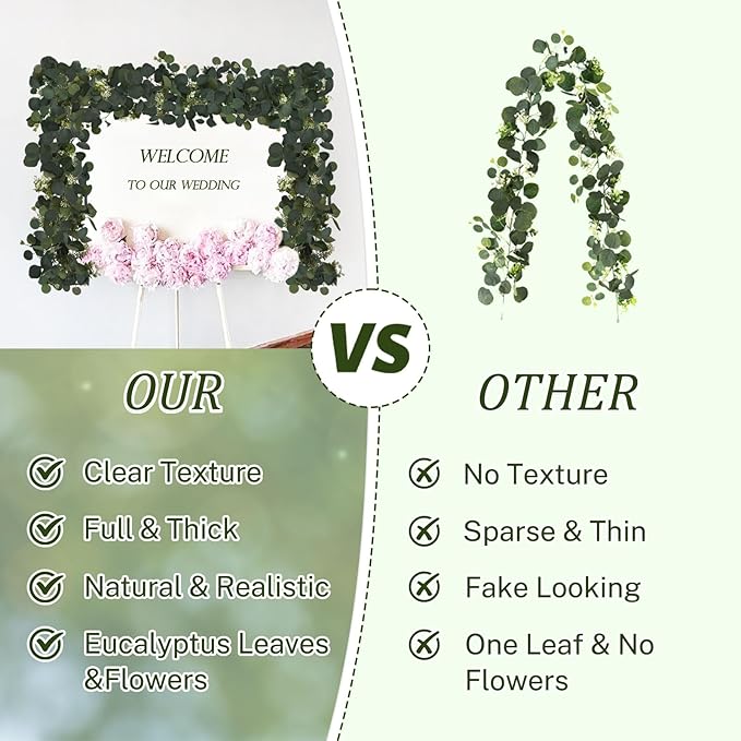 4Pcs 6FT Eucalyptus Garland, Green Garland with Flowers,Artificial Faux Greenery Vines for centerpieces Wedding Party Table Runner Room Home Mantle Decor