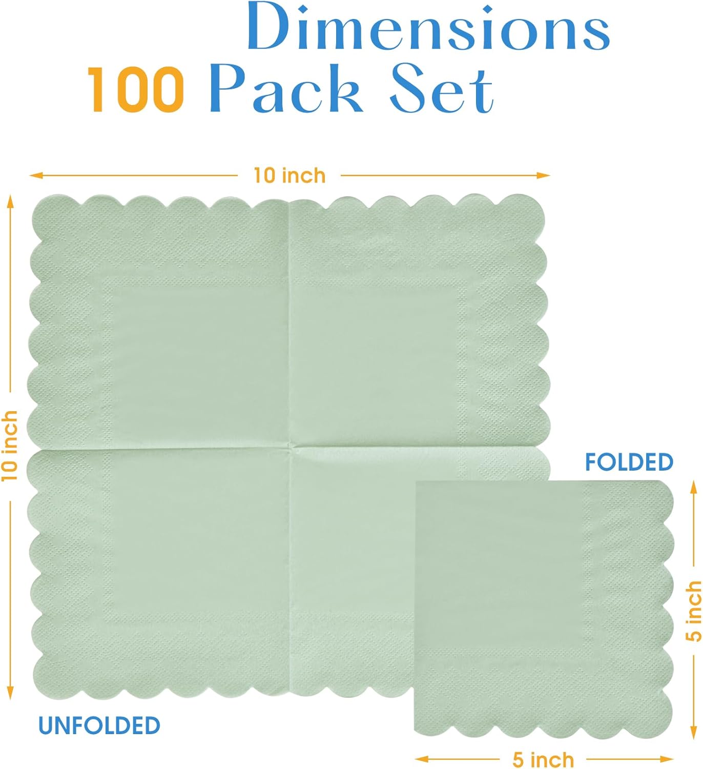 100 Pack Cocktail Napkins, 3-Ply Scalloped Edged Wedding Napkins Folded 5 x 5 Inches Dessert Napkins, Disposable Napkins for Dinner Birthday Party Bridal Anniversary Baby Shower Reception (Sage Green)