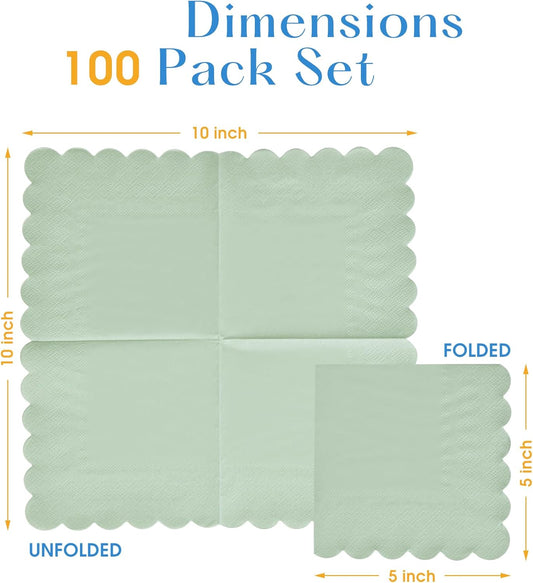 100 Pack Cocktail Napkins, 3-Ply Scalloped Edged Wedding Napkins Folded 5 x 5 Inches Dessert Napkins, Disposable Napkins for Dinner Birthday Party Bridal Anniversary Baby Shower Reception (Sage Green)