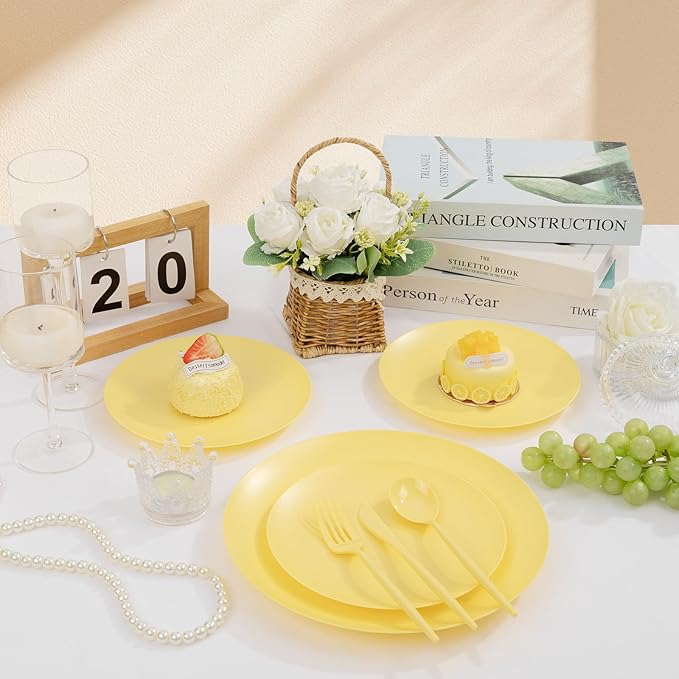 EI 150pcs Yellow Plastic Plates,Heavy Duty Bright Disposable Plate,Fancy Plastic Plates for Party,Yellow Dishes for Wedding,Easter,Afternoon Tea Party,Spring