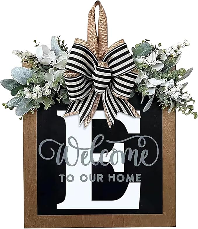 Last Name Year Round Front Door Wreath Front Porch Decoration 26 Letter Welcome Sign with Eucalyptus Garland and Bow Spring Wreaths for Front Door Outside Hanger Garland（E）