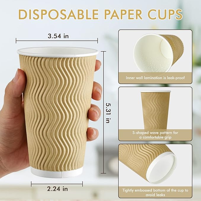 16 oz Coffee Cups, 90 Count Insulated Ripple Wall Paper Hot Coffee Cups for Hot Beverage