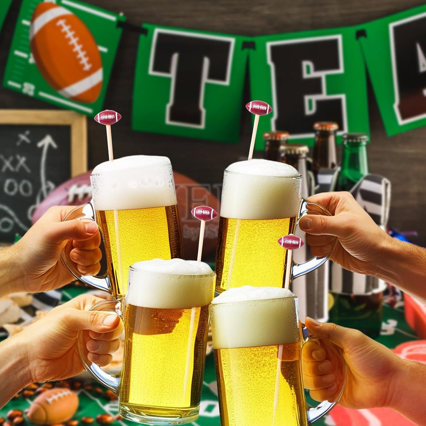 Football Cocktail Picks - 100 Counts Decorative 3D Football-shaped Toothpicks for Super Bowl Football Game, 4.7 inch Long Bamboo Skewers Wooden Sticks for Appetizers, Fancy Party Decorations