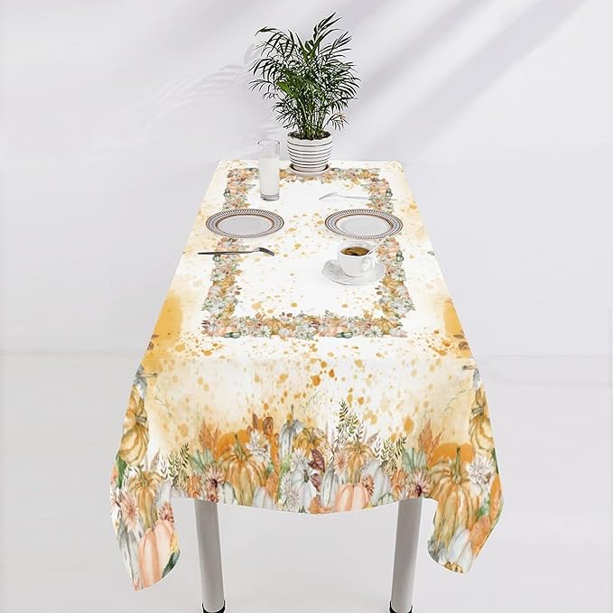 YCness Fall Tablecloth Thanksgiving Autumn Harvest Orange Watercolor Pumpkin Leaves Table Cover for Party Picnic Dinner Decor 55x55 Inch Rectangle