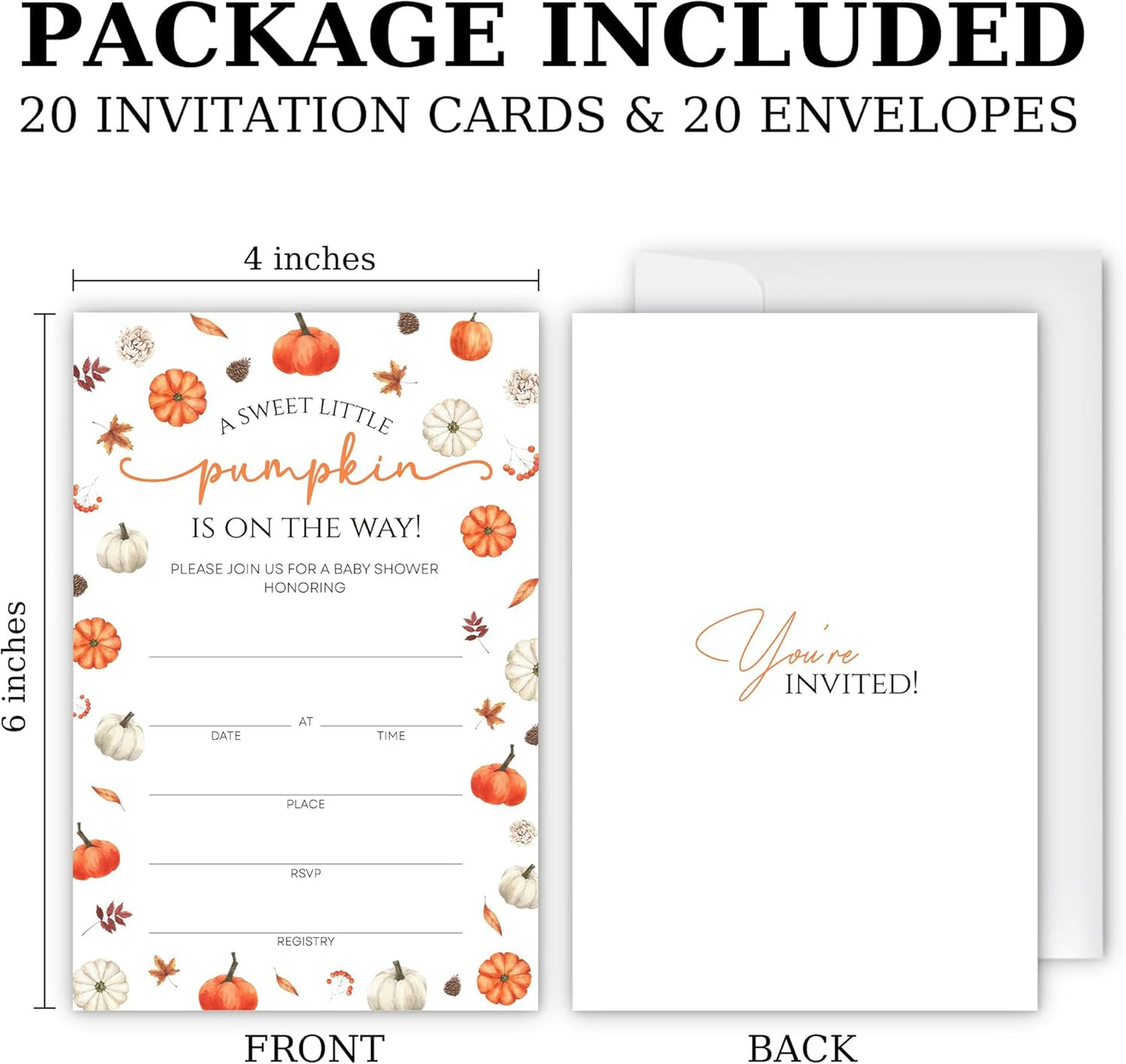 Fall Pumpkin Baby Shower Invitations - “A Sweet Little Pumpkin Is On The Way” Design with Envelopes And RSVP Cards - 20Pcs Fill In Baby Shower Party Cards(4 x 6 Inch) (044)