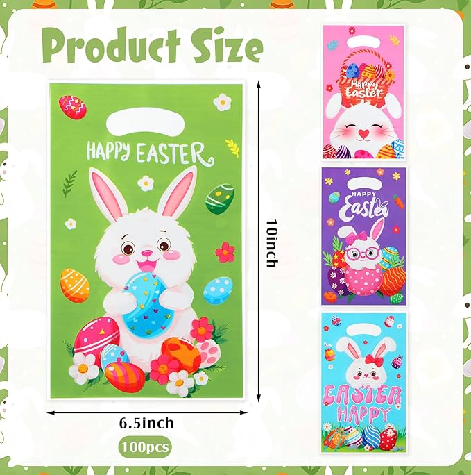 Easter Gift Bags with Handles, 100Pcs Colorful Bunny Treat Bags Bulk, Plastic Goody Candy Cookie Snack Tote Gift Bag for Happy Easters Egg Hunt Activity Spring Holidays Party Favor Supplies Decorations