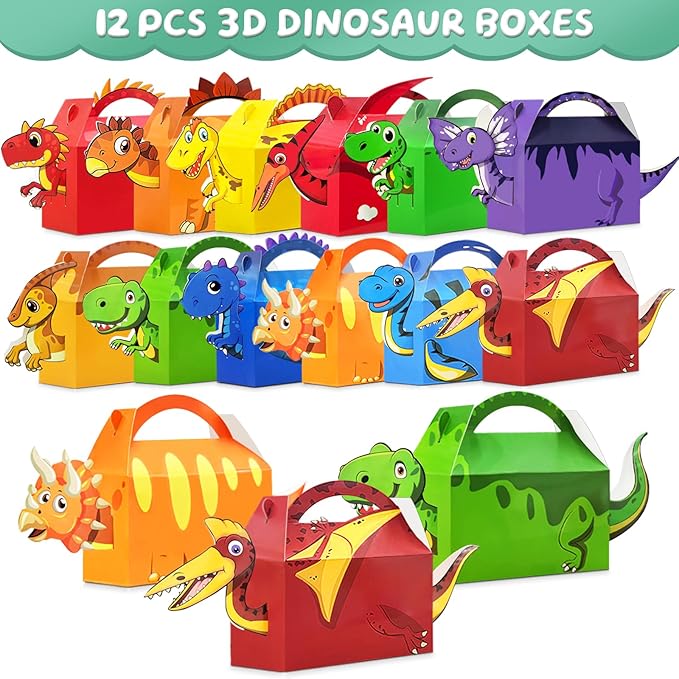 12 Pack Dinosaur Birthday Party Favors Decorations Supplies for Kids, Dino Theme Goodie Bags Fillers with Silicone Fidget Stretch Toys, 3D Dino Boxes, Bubble Wands, Hats, Slap Bracelets, Stickers