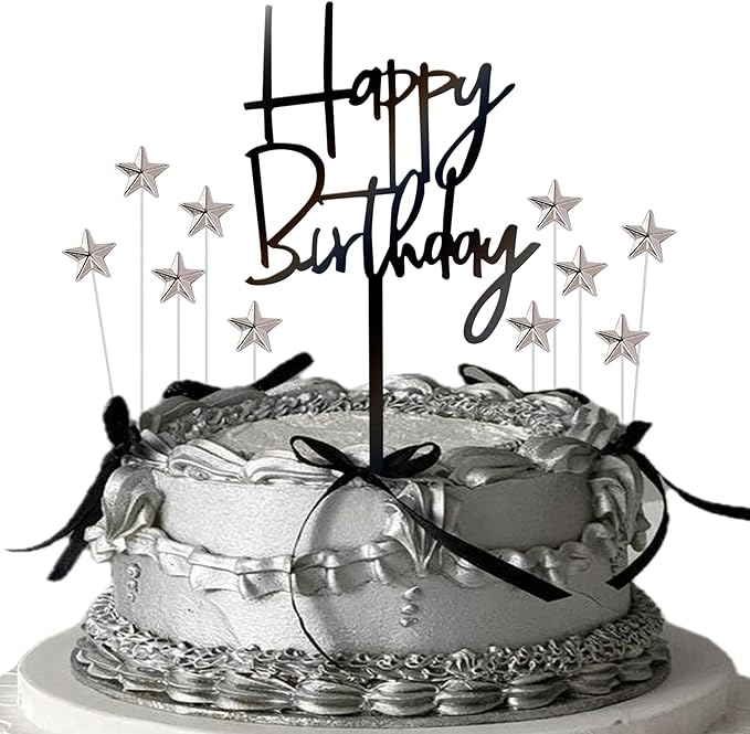 Rsstarxi 11 Pack Black Acrylic Happy Birthday Cake Toppers with Silver Stars Cake Pick for Baby Shower Kids Birthday Party Cake Decorations Supplies