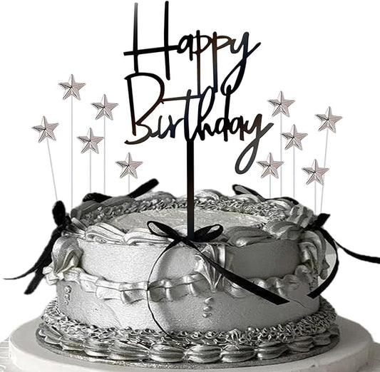 Rsstarxi 11 Pack Black Acrylic Happy Birthday Cake Toppers with Silver Stars Cake Pick for Baby Shower Kids Birthday Party Cake Decorations Supplies