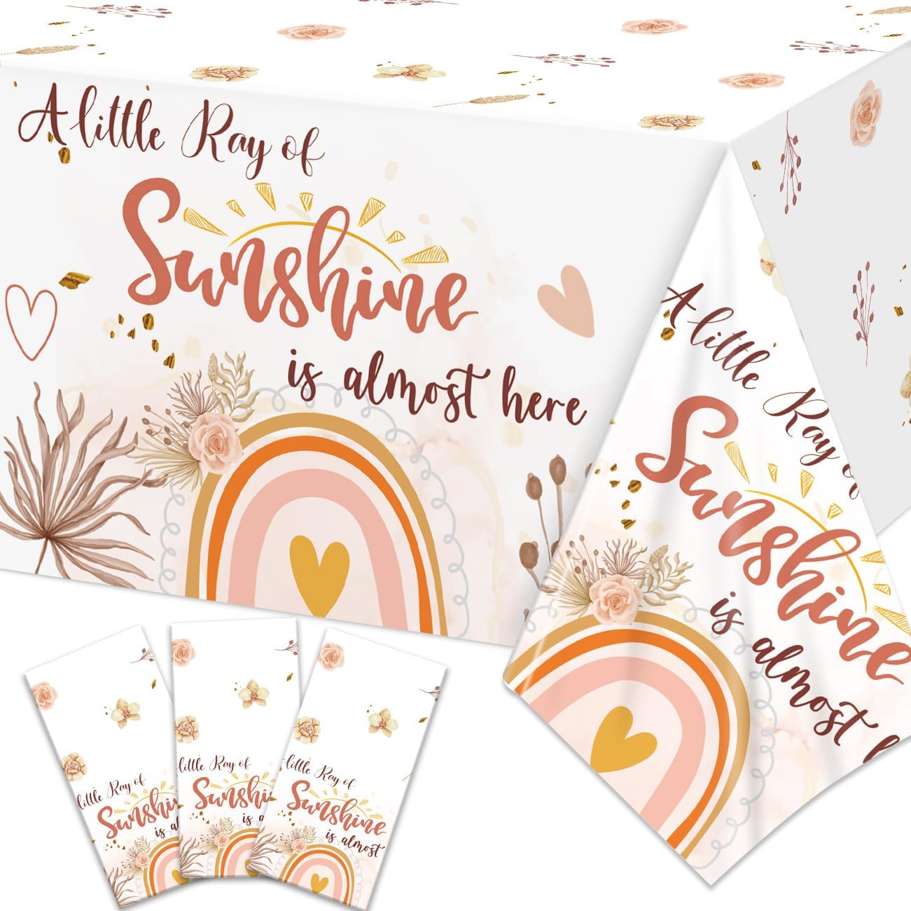 A Little Ray of Sunshine Boho Rainbow Baby Shower Party Supplies - 3Pcs Disposable Plastic Tablecloths for Boho Baby Shower Decor
