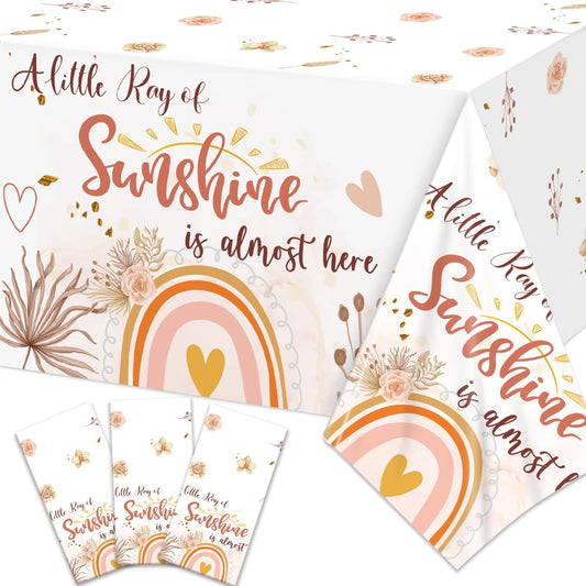 A Little Ray of Sunshine Boho Rainbow Baby Shower Party Supplies - 3Pcs Disposable Plastic Tablecloths for Boho Baby Shower Decor