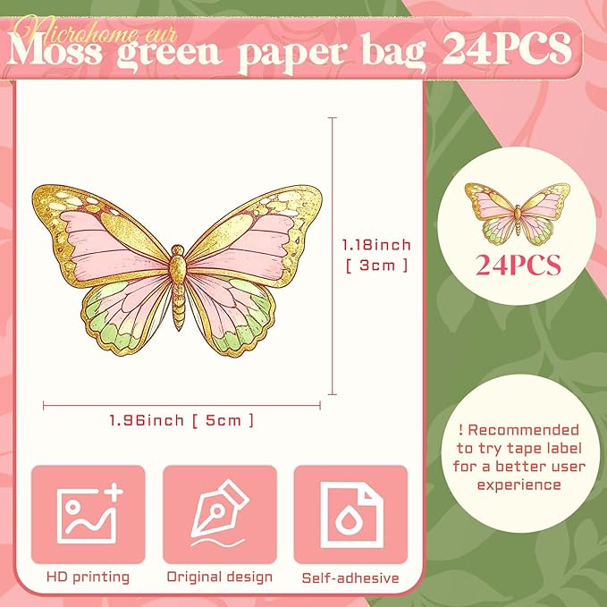 NICROHOME EUR Floral Gift Bags with Butterfly Stickers, 24 Pack Small Kraft Paper Bags Green Pink Tulip Design, Party Favors Bags Bulk for Girls Women Birthday Baby Shower Mother's Day Gift Packing