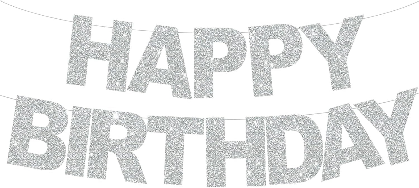 BEISHIDA Silver Happy Birthday Banner - Pre-Strung,No DIY，Birthday Decorations - Happy Birthday Sign - Birthday Banner for Women, Kids for Birthday Decor, Backdrop