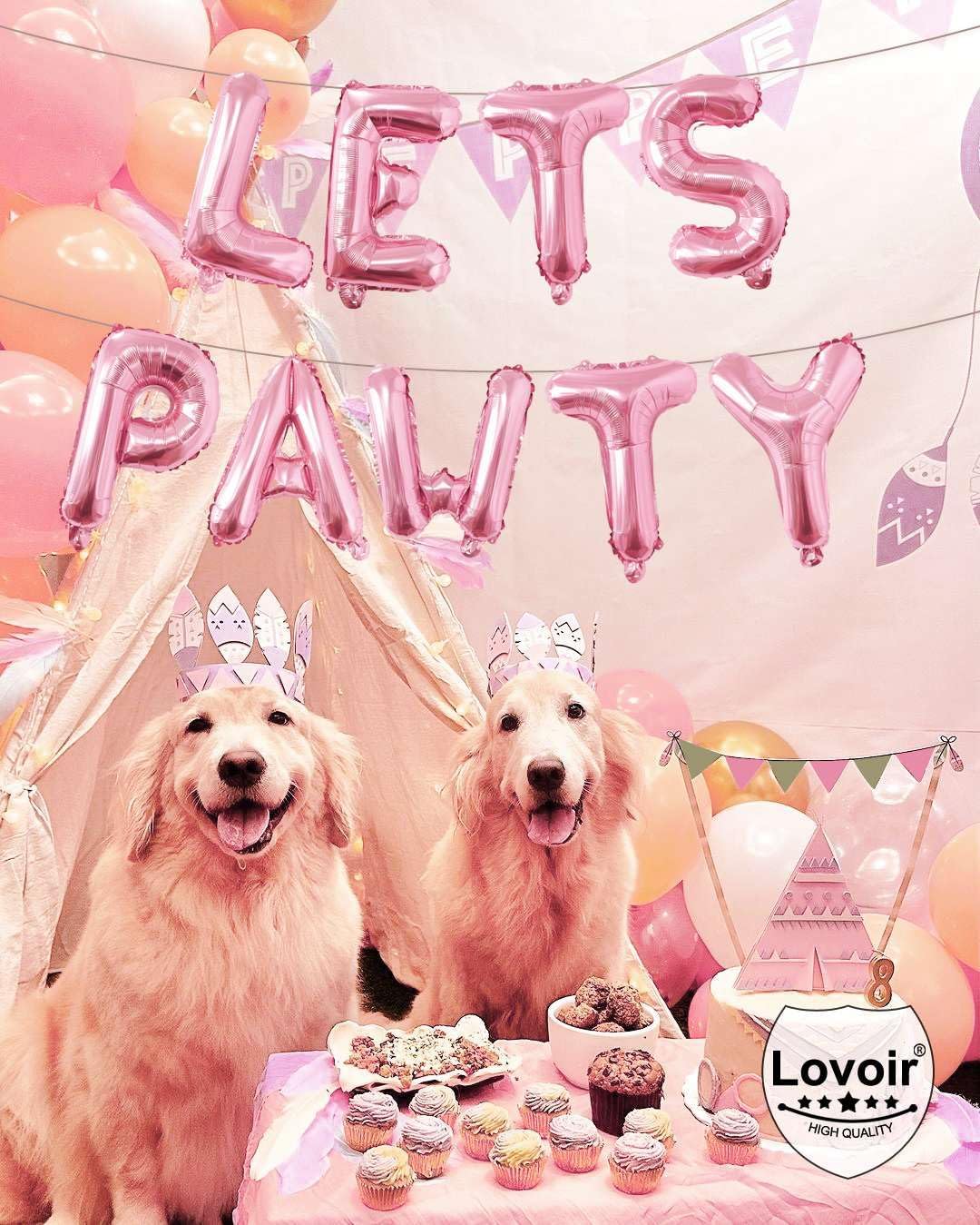 9 Pcs Lets Pawty Balloons Banner 16 Inch, Dog Cat Pet Birthday Letters Sign Lets Pawty Balloons Happy Birthday Banner for Pet Dog Cat Party Supplies Decorations (Pastel Pink)
