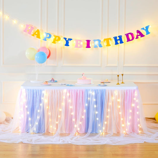 9FT Rainbow Tulle Table Skirt for Rectangle or Round Tables Rainbow Tutu Table Skirt with LED Lights for Princess Birthday Party Baby Shower Gender Reveal Wedding Banquet Cake Dessert Decorations