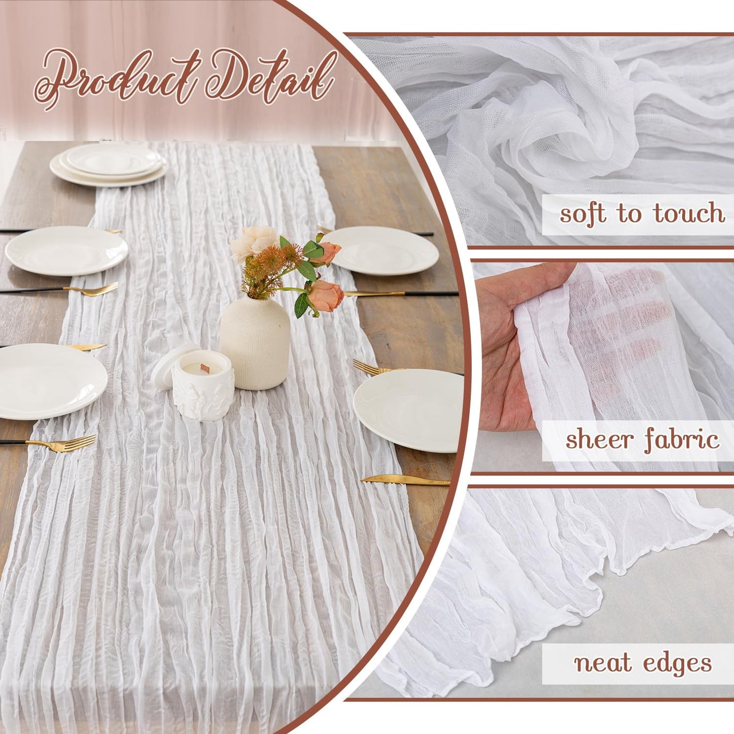 6 Pack White Cheesecloth Table Runner 35x120 Inch 10Ft Boho Gauze Table Runner Long Sheer Fabric for Wedding Birthday Baby Shower Party Centerpiece Decoration
