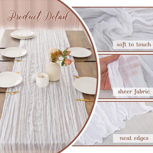 6 Pack White Cheesecloth Table Runner 35x120 Inch 10Ft Boho Gauze Table Runner Long Sheer Fabric for Wedding Birthday Baby Shower Party Centerpiece Decoration