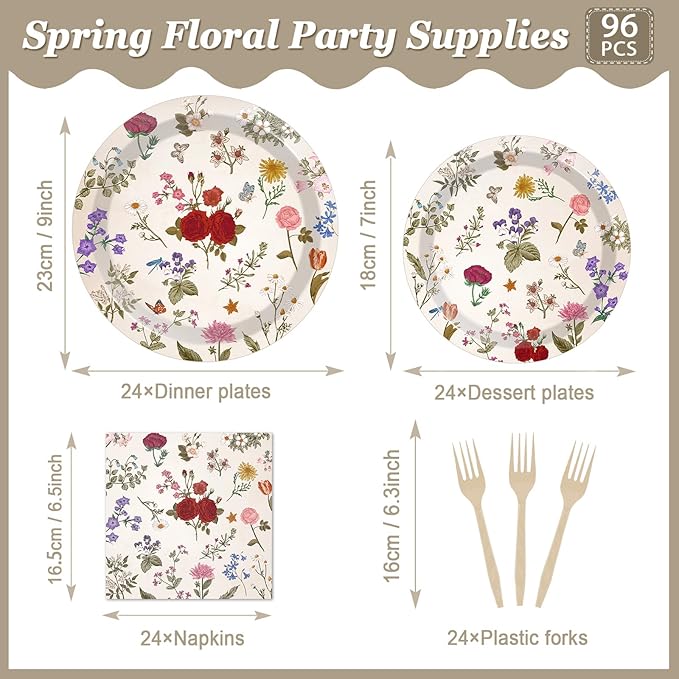 OBUSATT 96Pcs Wild Floral Party Supplies Wild Floral Paper Plates Napkins Spring themd Flowers Party Decorations Tea Dinnerware Favor Birthday Wedding Bridal Shower Baby Shower Tableware Serves 24