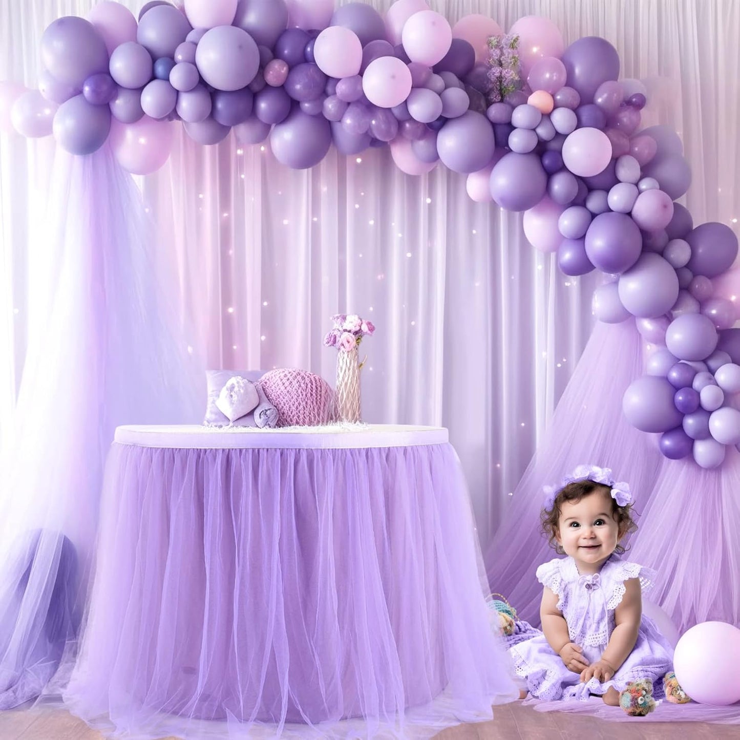 2 Pack 6ft Lavender Table Skirts for Rectangle Tables or Round Tables Lavender Ruffle Tulle Tutu Tablecloth for Girls Baby Shower Birthday Party Wedding Cake Dessert Table Decorations