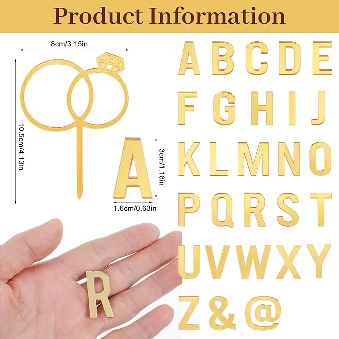 27PCS Wedding Cake Topper, Diamond Ring Cakes Topper, Acrylic Cake Letters A-Z, Personalized Bride and Groom Initial Sign Anniversary Baby Shower Party Birthday Supplies (Gold)