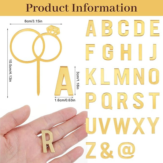27PCS Wedding Cake Topper, Diamond Ring Cakes Topper, Acrylic Cake Letters A-Z, Personalized Bride and Groom Initial Sign Anniversary Baby Shower Party Birthday Supplies (Gold)