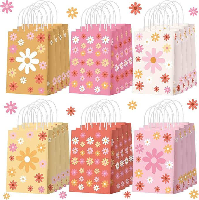 Glenmal 24 Pcs Spring Daisy Gift Bags Bulk Boho Party Favors, Spring Daisy Flower Goodie Bag with Handles for Wedding Birthday Party Decorations Supplies, 6 Styles