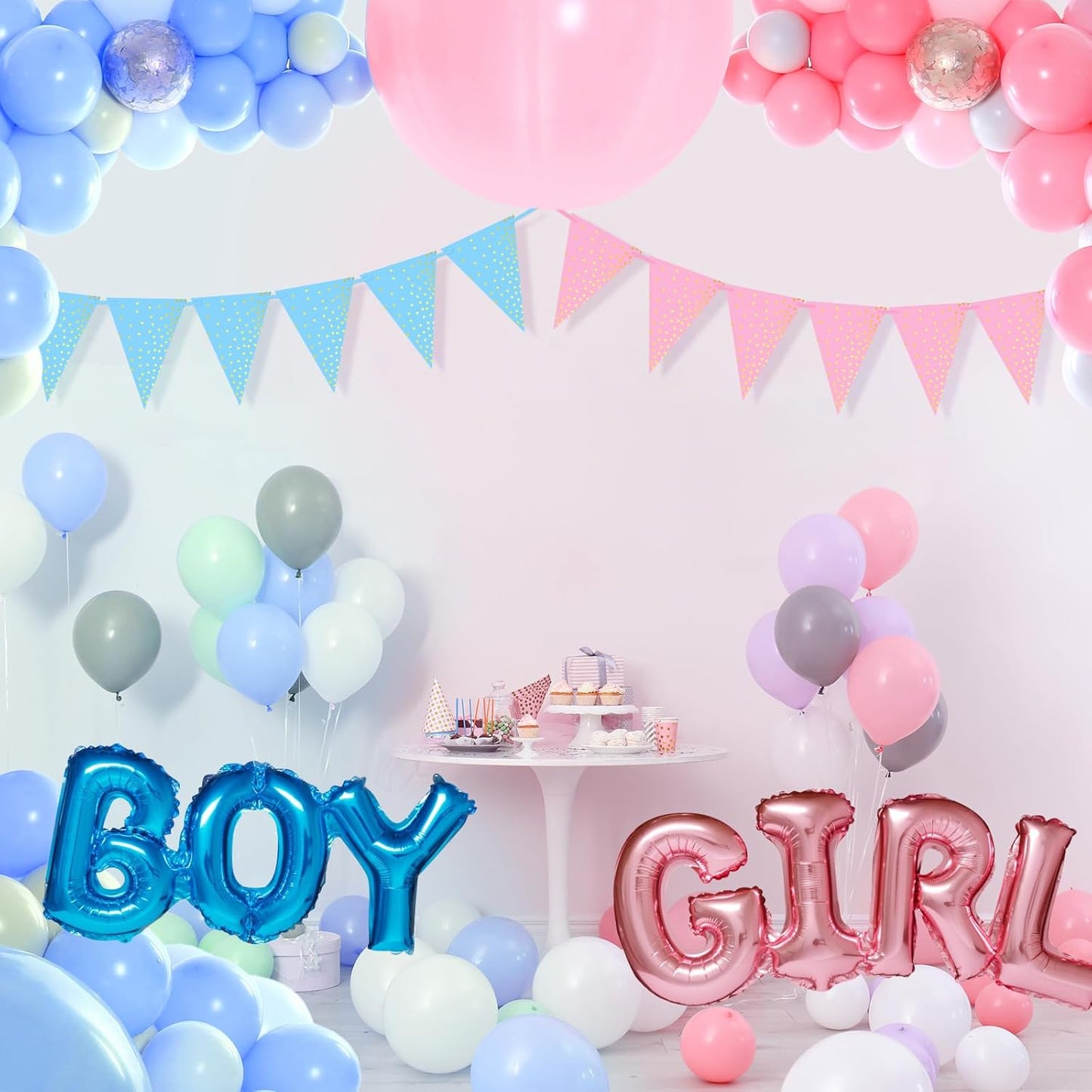 ASTARON 4 Pack Gender Reveal Bunting Blue & Pink Banner for Gender Reveal Party Supplies Baby Shower Decorations Boys Girls Birthday Party Decorations
