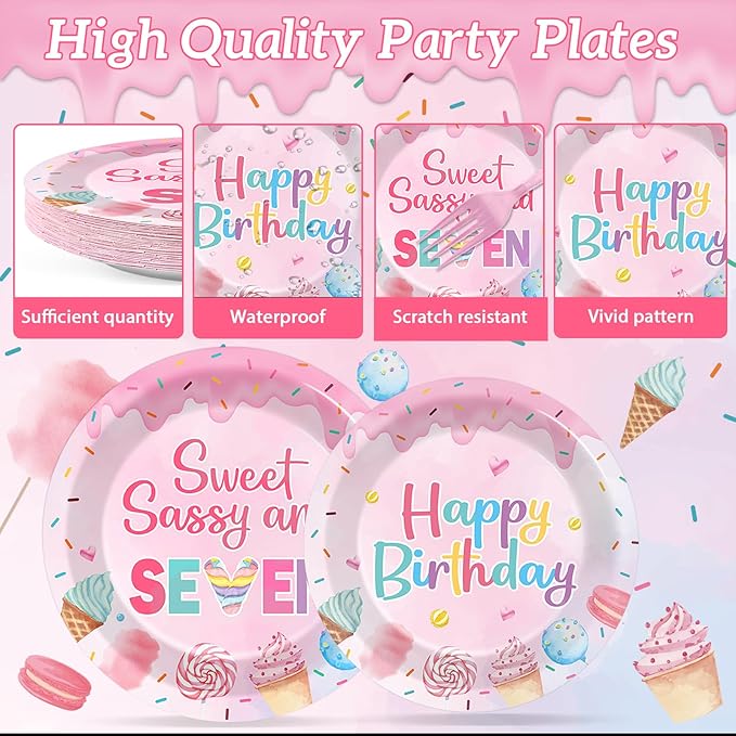 96 PCS Donut 7th Party Plates and Napkins CHristmas Donuts Party Tableware Supplies Sweet Sassy Seven Year Old Plates Napkins Decors Donuts Decorations for Kids Birthday Gatherings Decorations