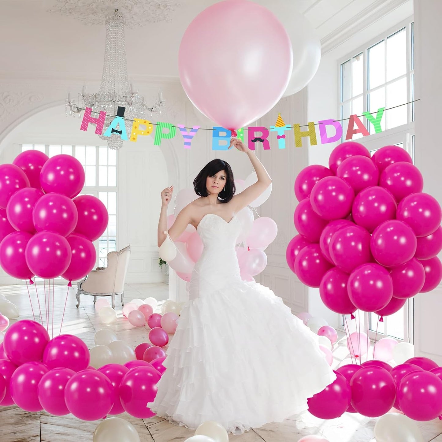 50pcs Hot Pink Balloons, Helium Quality 12inch Bright Pink Latex Balloons for Wedding Anniversary Valentine’s Tropical Party Decorations(With Ribbon & Glues)