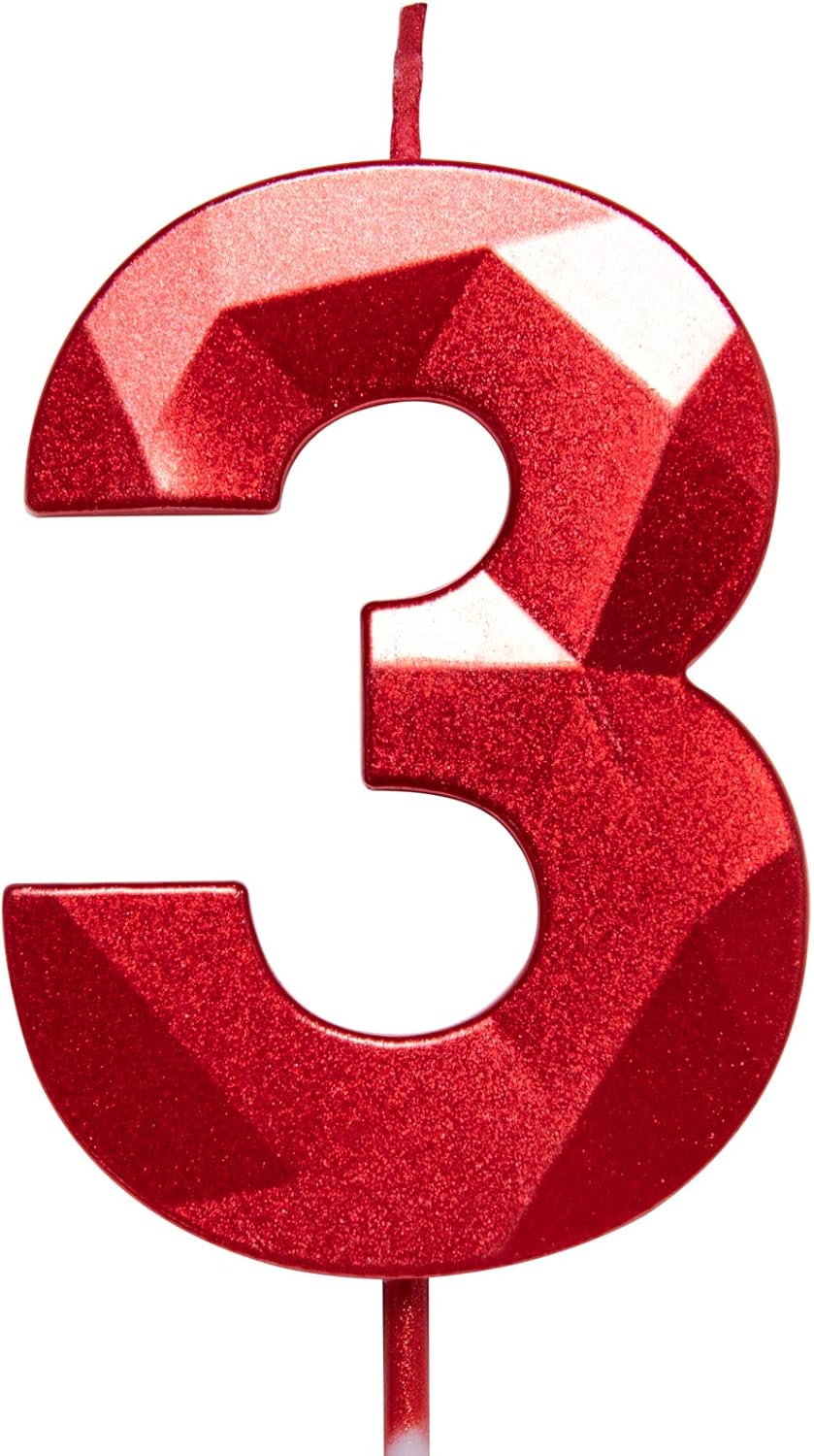 2.75in Tall 3D Diamond Shape Bright Red 3 Candles, Red Color Happy Birthday Cake Toppers Decorating and Celebrating for Adults/Kids Party/Family Baking (Bright Red Diamond Shaped 2.75in Number 3)