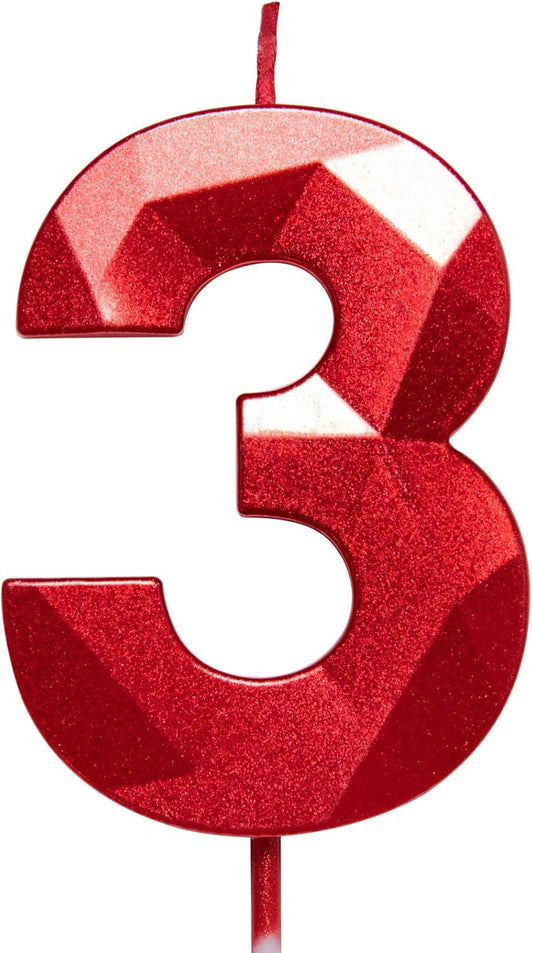 2.75in Tall 3D Diamond Shape Bright Red 3 Candles, Red Color Happy Birthday Cake Toppers Decorating and Celebrating for Adults/Kids Party/Family Baking (Bright Red Diamond Shaped 2.75in Number 3)