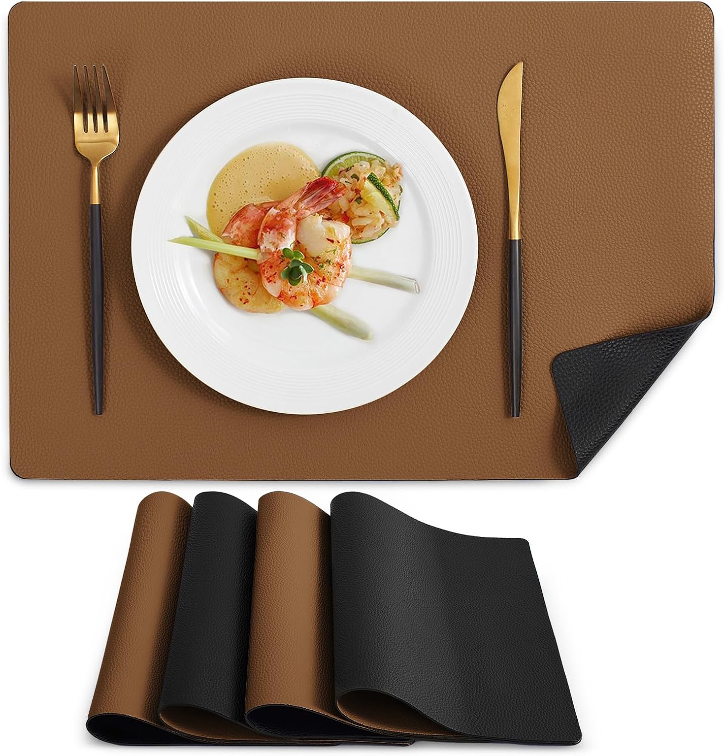 MOSAYT Vinyl Placemats Set of 4, Heat Resistant Place Mats 100% Waterproof Washable & Wipeable Faux Leather Reversible Table Mats for Kitchen Dining Party Indoor Outdoor, 12" x 17", Black/Brown