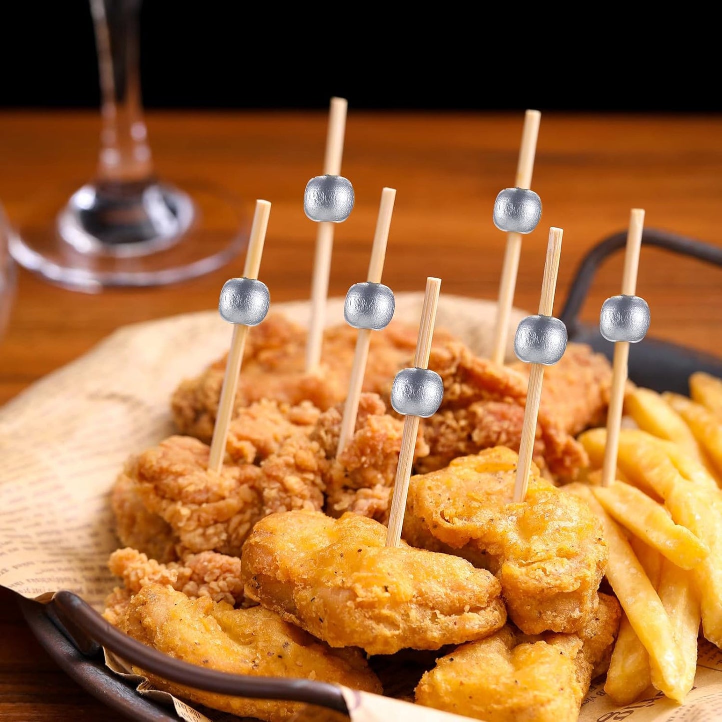 200 Pcs Cocktail Picks, 4.7 Inch Toothpicks for Appetizers, Bamboo Cocktail Sticks Skewers for Drinks, Desserts, Charcuterie, Wedding Party Fancy Toothpicks, Silver Pearl Mini Food Picks Decorative