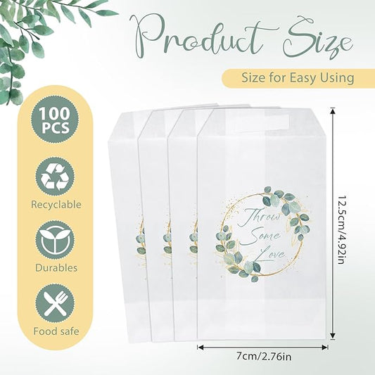 100 Pcs Wedding Confetti Bags, 2.8" x 5" Throw Flower Petal Packets Semi-transparent Glassine Waxed Paper Treat Bags for Wedding Toss, Party Decor(Throw Some Love-green Leaves)