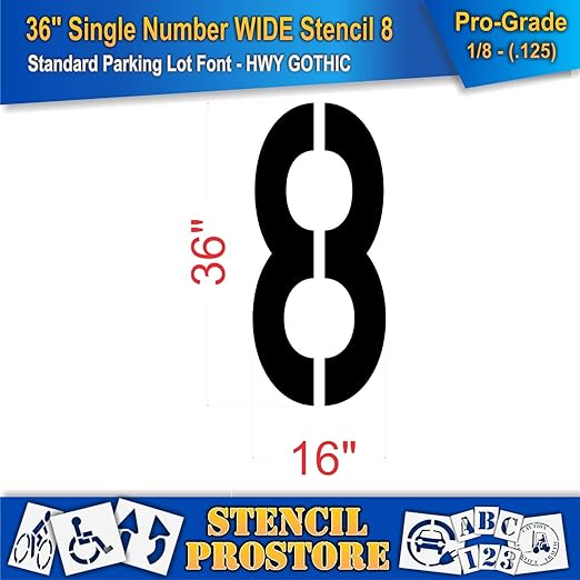 Pavement Stencils - 36 inch Single Number Stencil (Wide) - 8-36" x 16" x 1/8" (128 mil) - Pro-Grade